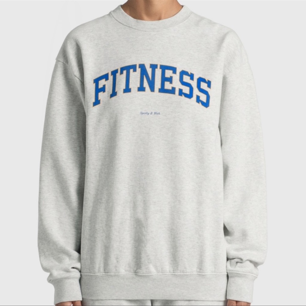 Sporty & Rich Grey 'Fitness' Crewneck Sweatshirt with Blue Logo